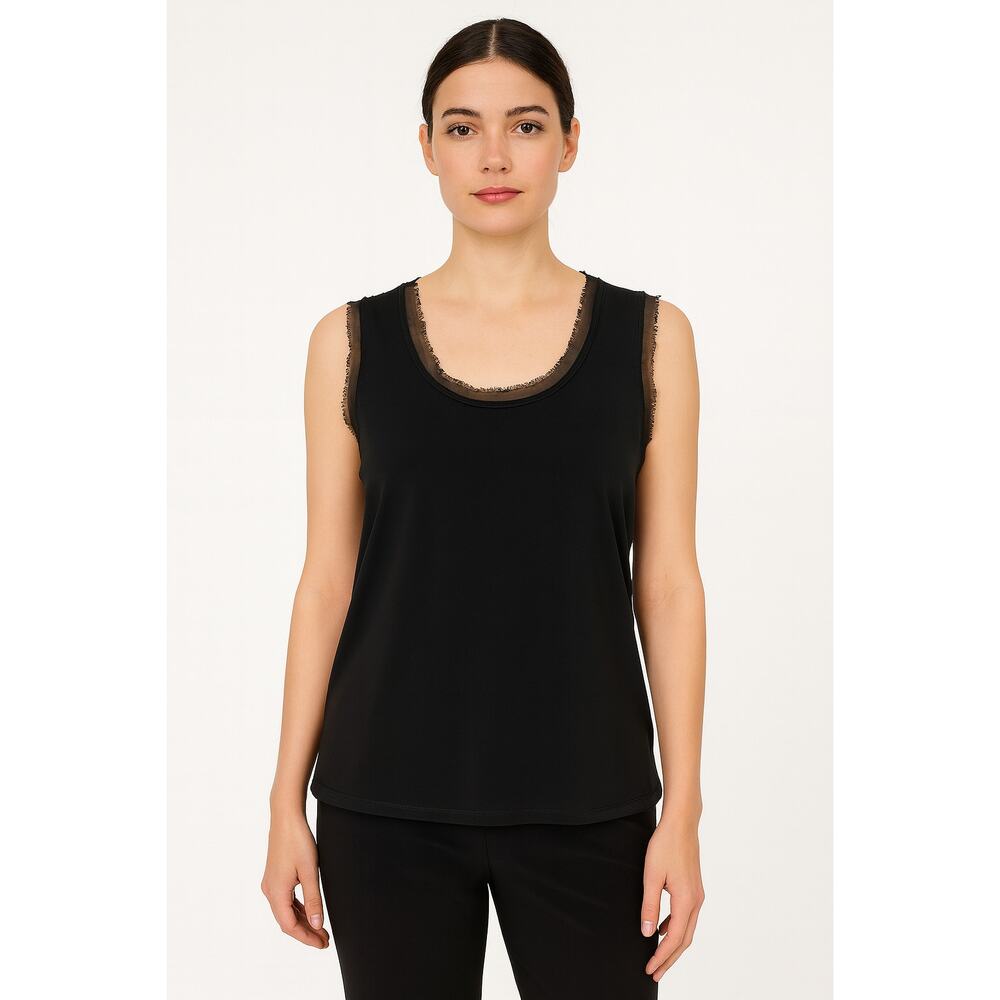 St. John Black Silk Blend Sleeveless Top‎ Raw Edge Trim Size 12
